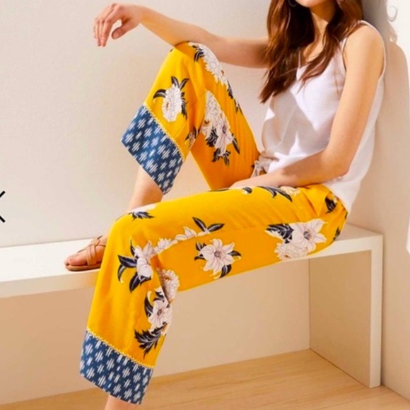 LOFT Yellow Floral Mosaic Fluid Drawstring Wide Leg Palazzo Pant, Small Petite - Picture 1 of 8